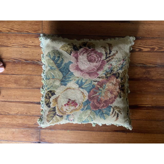 French Country Authentic 19th Century French Needlepoint Pillow, With Down Interior and Velvet Backing. For Sale - Image 3 of 3