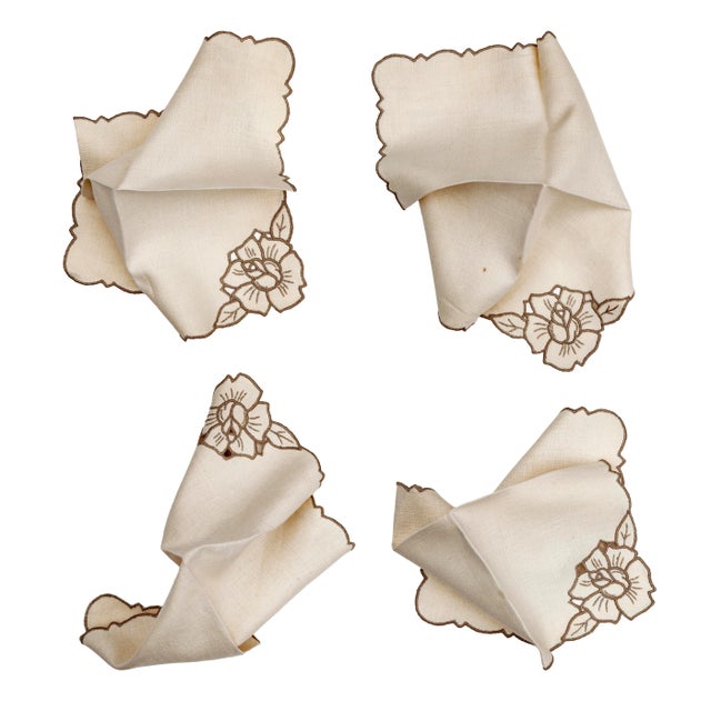 Vintage Linen Napkins in ecru with taupe embroidery & scalloped edge. Set of eight. Never used.