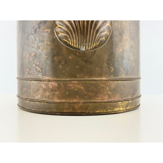Vintage Patinated Brass Planter With Shell Medallion & Ring Handles For Sale - Image 4 of 10