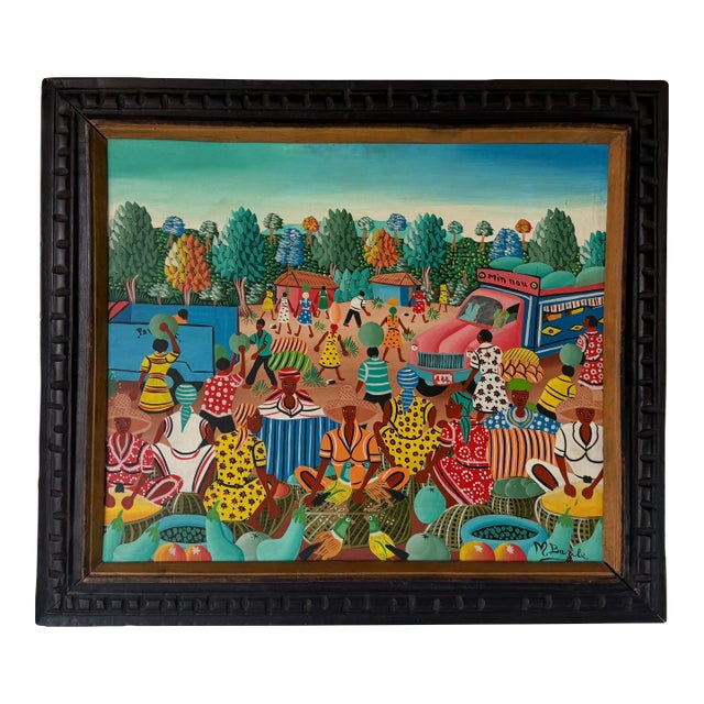 M. Bazile Haitian Folk Art Market Scene Oil on Masonite Board – Framed For Sale