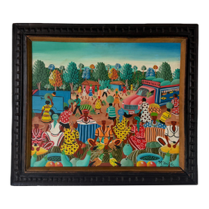 M. Bazile Haitian Folk Art Market Scene Oil on Masonite Board – Framed