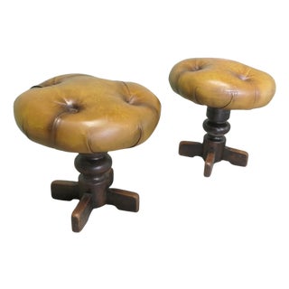 Vintage French Button Leather Swivel Stools, 1950, Set of 2 For Sale