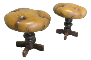 Vintage French Button Leather Swivel Stools, 1950, Set of 2