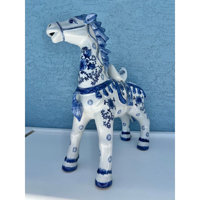 Chinoiserie Vintage Blue & White Ceramic Tang Dynasty War Horse For Sale - Image 3 of 12