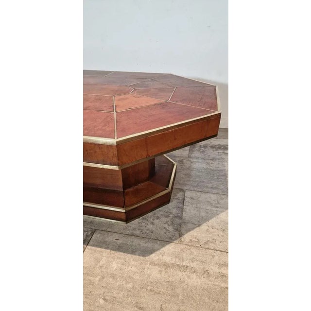 Large French Leather Brown Coffee Table with Brass Details, 1975 For Sale - Image 6 of 7