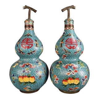 Late 20th Century Pair of Gilt Bronze Cloisonné Enamel Double-Gourd Vases With Shou Motif For Sale