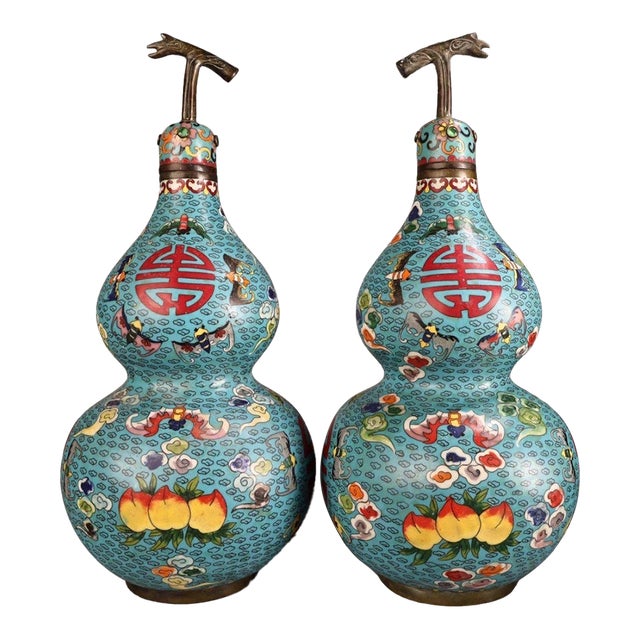 Late 20th Century Pair of Gilt Bronze Cloisonné Enamel Double-Gourd Vases With Shou Motif For Sale