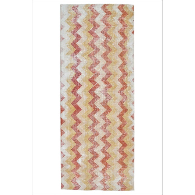 Yellow Vintage Chevron Yellow Turkish Hand-Knotted Tribal Runner For Sale - Image 8 of 8