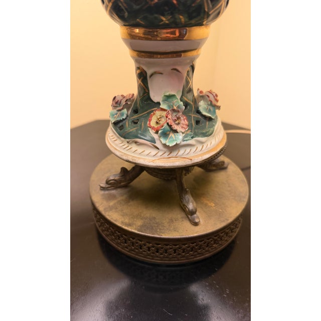 Pair of Vintage Floral Porcelain Table Lamps With Reticulated Bodies and Ornate Metal Bases For Sale - Image 4 of 6