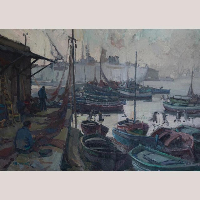 Pascual Bueno Ferrer, Port of Barcelona, 1950s, Oil on Canvas For Sale - Image 11 of 11