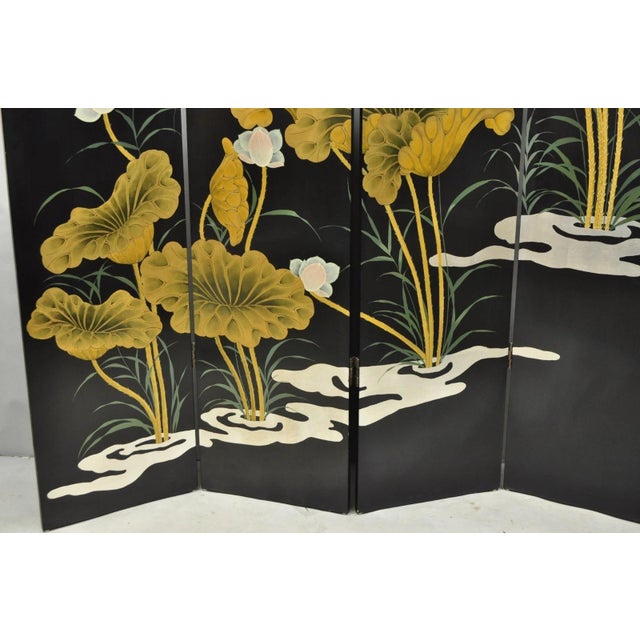 Decorator Chinoiserie Black Lacquer Oriental Painted 4 Panel Room Divider Screen For Sale In Philadelphia - Image 6 of 16