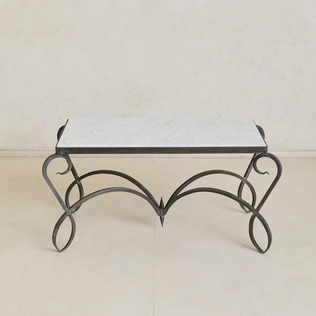 Traditional French Iron + White Marble Coffee Table, 1940s For Sale - Image 3 of 8