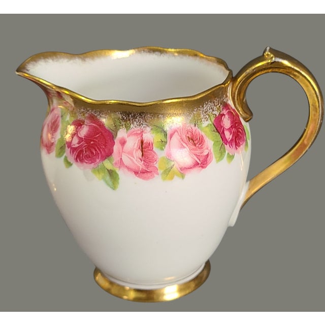 Vintage English Gilded Painted Romantic Roses Roslyn Fine Bone China Creamer & Sugar Set For Sale - Image 4 of 9