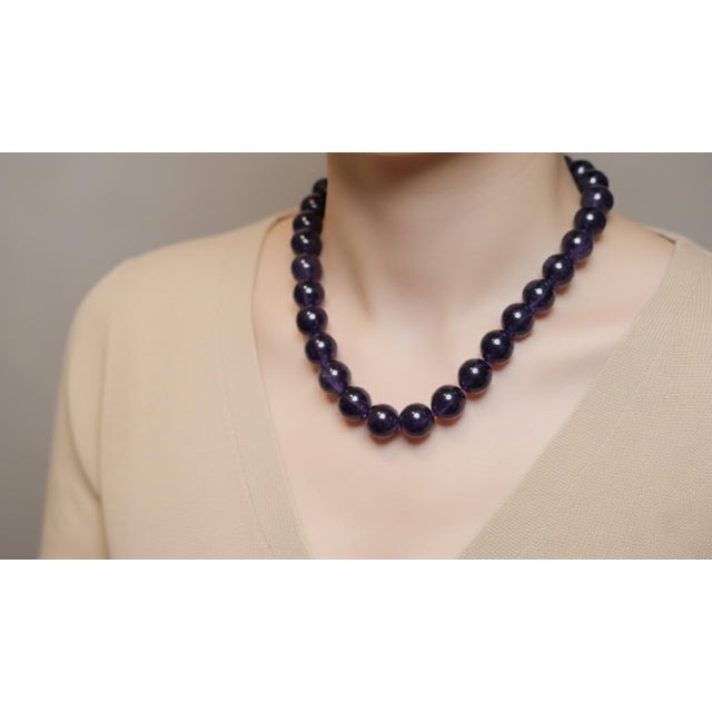 Contemporary Natural Brazilian Amethyst Necklace, Untreated 16mm Beads, 25 Inch Length For Sale - Image 3 of 8