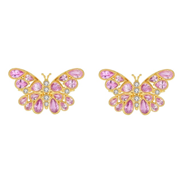 Nina Zhou Butterfly Pink Sapphire Diamond Earrings in 14k Gold - a Pair For Sale