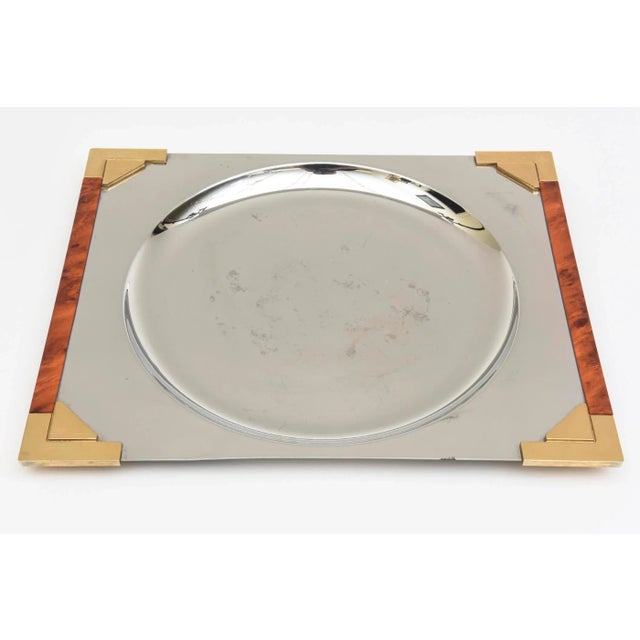 Guy Degrenne French Burled Wood, Gold Plated Brass and Stainless Steel Square Tray For Sale - Image 11 of 11