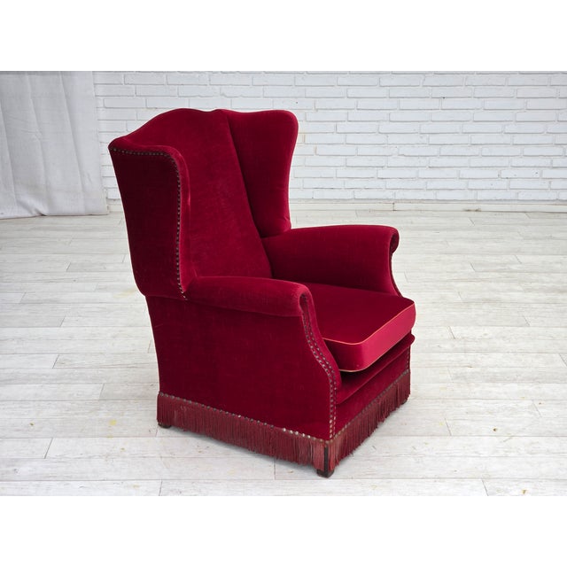Danish Highback Armchair in Red Velour and Ash, 1970s For Sale - Image 9 of 18