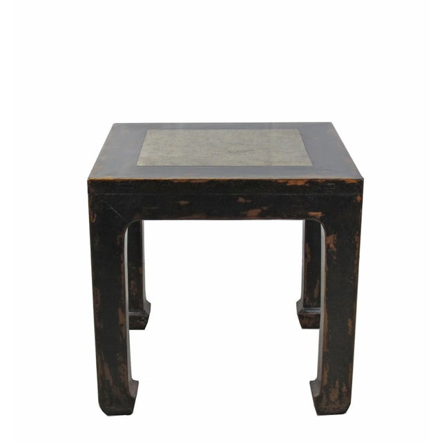 Marble Top Square and Distressed Black Vintage Accent or Side Table, 25"h For Sale In Greensboro - Image 6 of 6