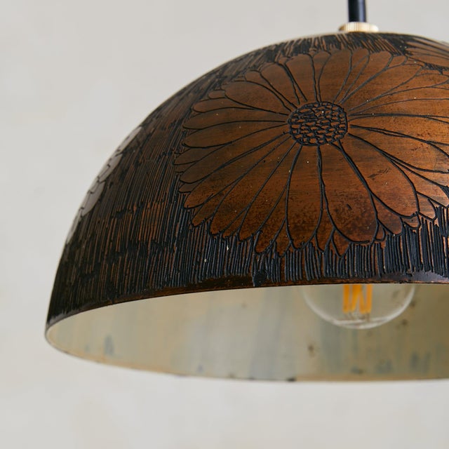 Italian Etched Copper Floral Pendant Light by Victor Cerrato, 1960s For Sale - Image 9 of 9