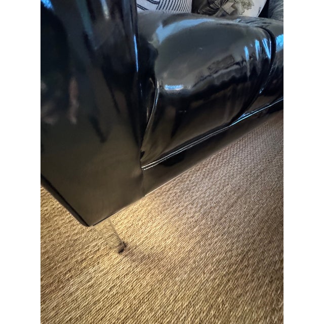 Custom Edelman Black Patent Leather Tufted Tuxedo Sofa For Sale - Image 9 of 14
