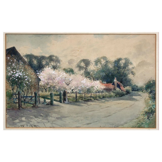 Lovely pastoral landscape of beautiful spring blossoms lining a quiet country lane by Jay Simm (American, 20th Century),...