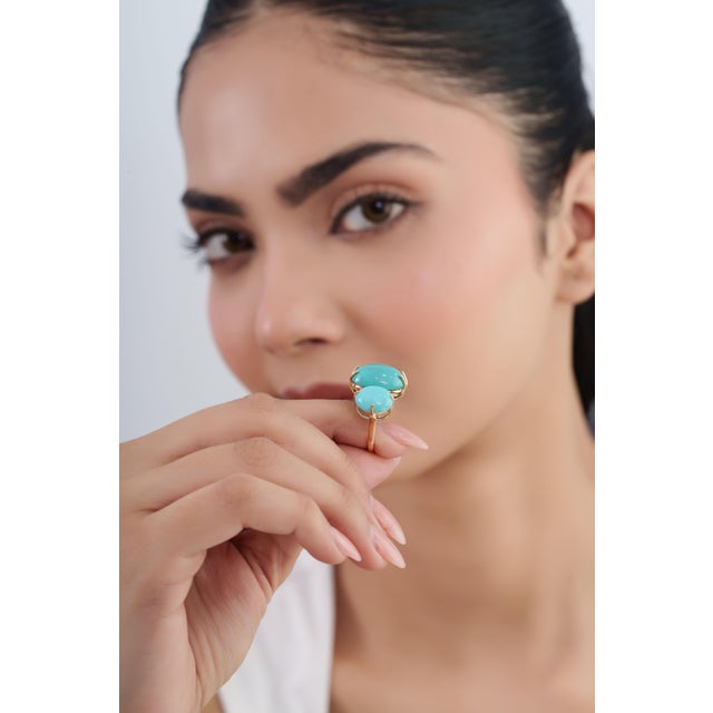 Turquoise 18k Solid Gold Oval 15.78ct Turquoise Three Stone Victorian Ring Size 4 For Sale - Image 8 of 17