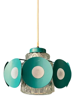 Space Age Pendant Lamp with Glass Shade and Green/Blue Metal Frame