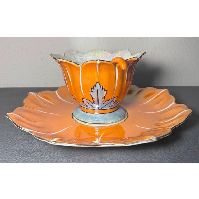 1920s 1920’s Japanese Art Deco Noritake Morimura Bros. Lustreware Porcelain Lotus Form Leaf Motifs Condiment Bowl Three-Piece Set With Ladle & Underplate For Sale - Image 5 of 10