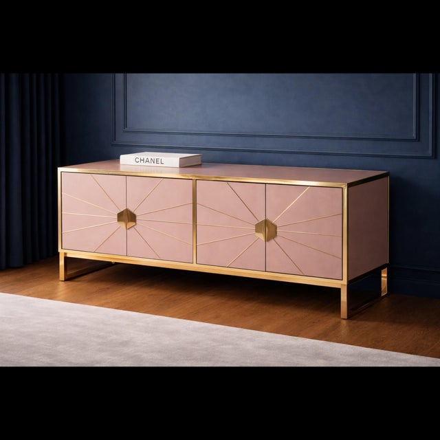 Contemporary Geometric Pink Opaline Glass Sideboard with Brass Accents from Justfurnituress SRL For Sale - Image 3 of 18
