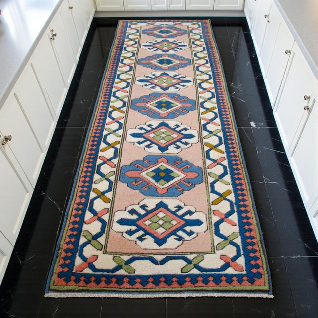 Mid-Century Modern Hand-Knotted Turkish Wool Rug . Oushak Runner Rug Pink Hallway Decor2′9″ × 9′1″ For Sale - Image 3 of 16