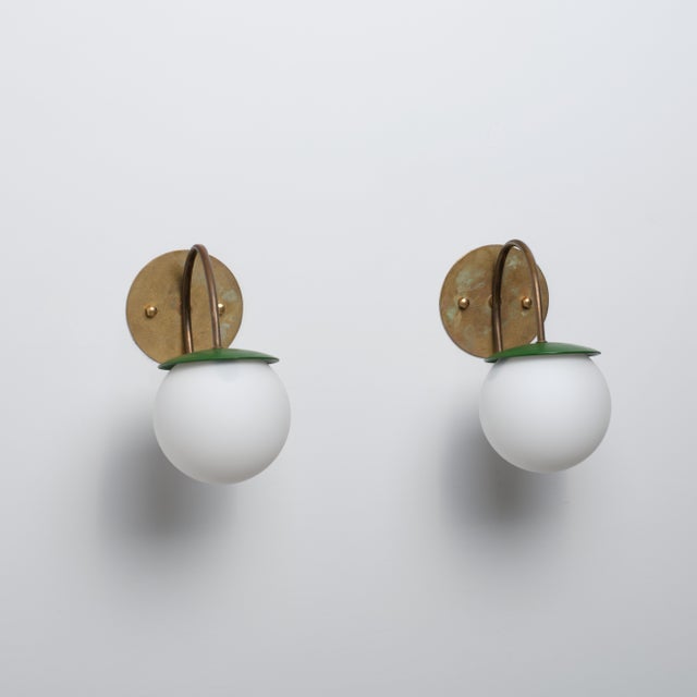Gold Vintage Italian Brass Wall Lamps with Green Details and Opaline Globes, 1950s, Set of 2 For Sale - Image 8 of 15