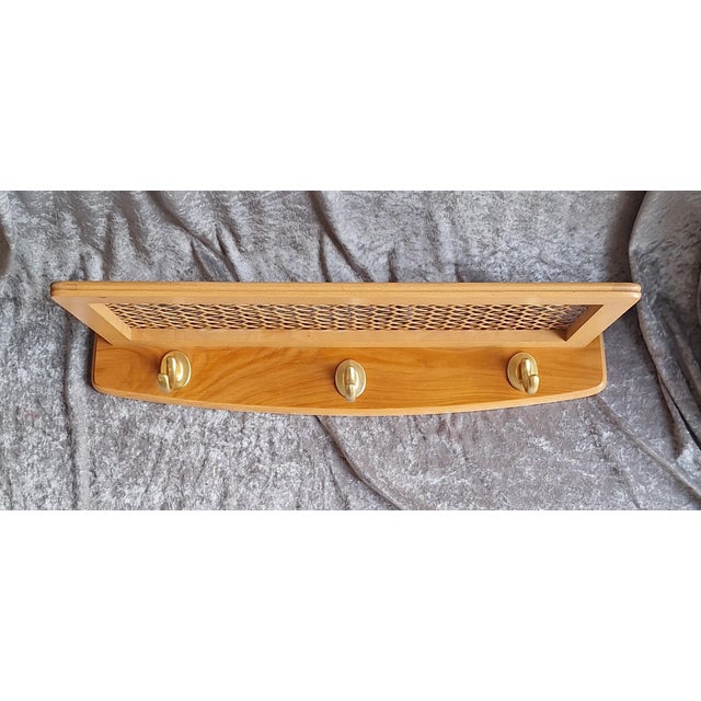 Mid-Century German Wall-Mounted Coat Rack with Walnut Wood Frame, Brass Hooks and Wicker Hat Shelf, 1960s For Sale - Image 6 of 6