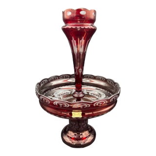 Vintage Bohemian 2 Pc Red Crystal Egermann Czech Art Glass Centerpiece Bowl Vase Epergne Stunning For Sale