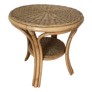 Vintage Bamboo and Rattan Two Tiered Side Table For Sale