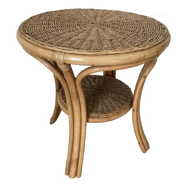Vintage Bamboo and Rattan Two Tiered Side Table For Sale