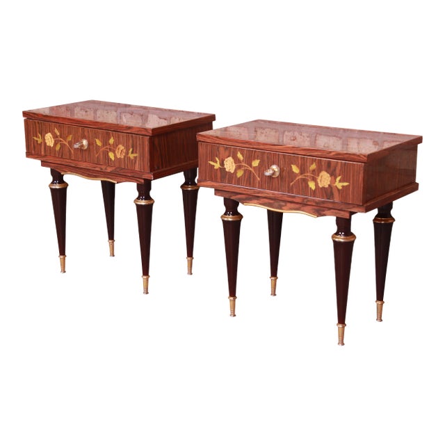 French Art Deco Macassar Ebony Inlaid Marquetry Nightstands, Circa 1950s For Sale