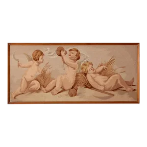 Vintage Framed Needlepoint Cherubs Wall Hanging