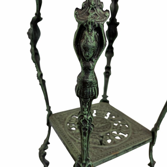 Victorian Vintage Figural Leg Verdigris Two Tier Plant Stand For Sale - Image 3 of 6
