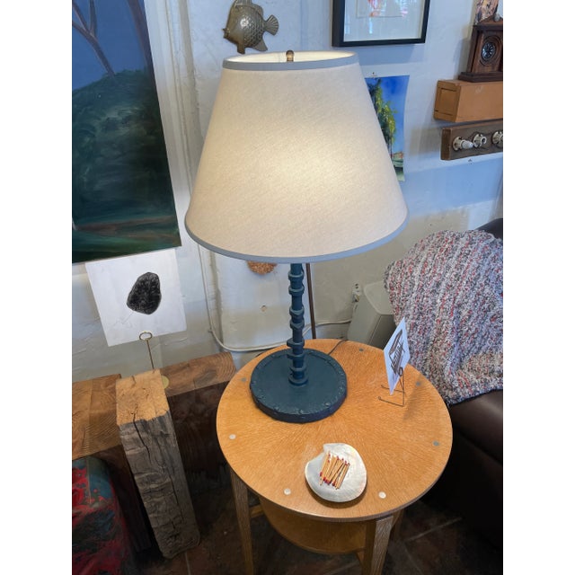 This is a dark cyan blue lamp made from a vintage cam shaft. The lamp and the shade are in beautiful condition and the...