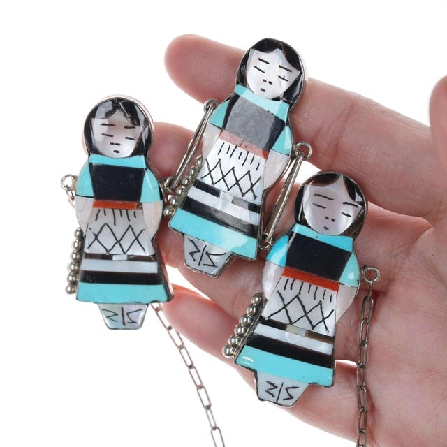 Native American Waseta Zuni Sterling inlay necklace and earrings set, 3 Pieces For Sale - Image 3 of 8