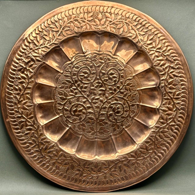 Vintage Mid 20th Century Turkish Hand Hammered Copper Tray With Floral Vine Tree of Life Repoussé For Sale