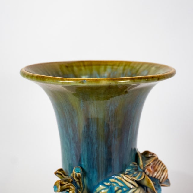 Pair of Indonesian Sculptural Ceramic Vases With Applied Floral Decoration For Sale - Image 9 of 10