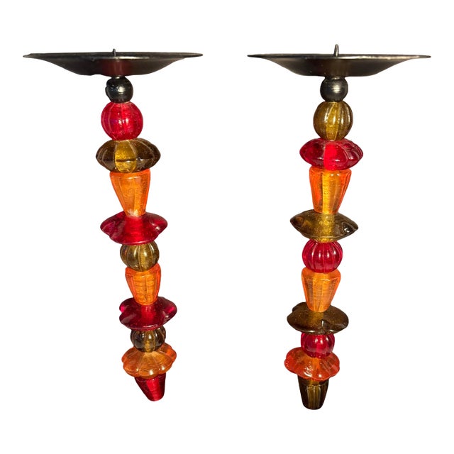 Vintage Art Deco Style Glass and Metal Multicolored Candlestick Holder Pair For Sale