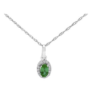 10K White Gold 5x3mm Green Emerald and Diamond Accent Halo Oval Shape 18" Pendant Necklace (I-J Color, I1-I2 Clarity) For Sale