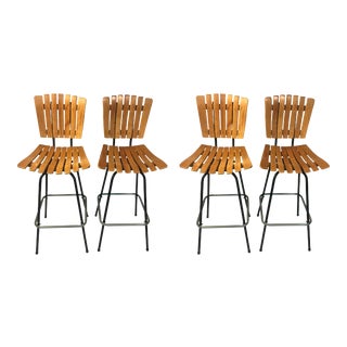 Paul McCobb Style Mid-Century Slatted Wood Bar Stools - Set of 4 For Sale