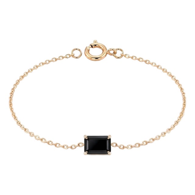 Black Onyx Emerald Cut Bracelet | 925 Silver Chain Minimalist Black Gemstone Bracelet | Dainty Everyday Jewelry Gift For Sale