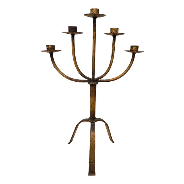 Large Mid-Century Modern Brutalist Five-Arm Gilt Iron Candelabra, 1960s For Sale