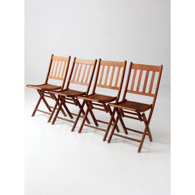 Antique Slat Wood Folding Chairs Set 4 For Sale - Image 4 of 14