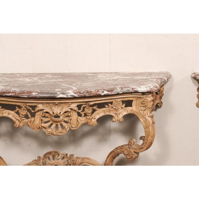 French Early 19th Century French Rocaille Carved Marble Top Consoles For Sale - Image 3 of 13