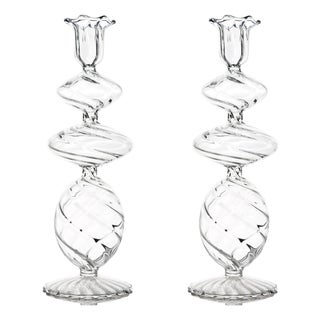 Clear Swirl Glass Candlestick, Large, Set of 2 For Sale